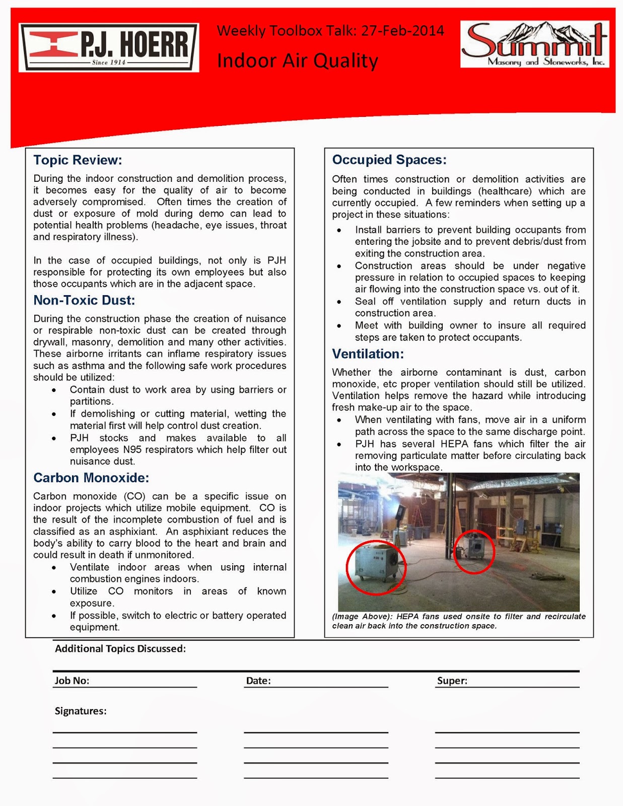 P.J. Hoerr, Inc. P.J. Hoerr & Summit Masonry Weekly Toolbox Talk