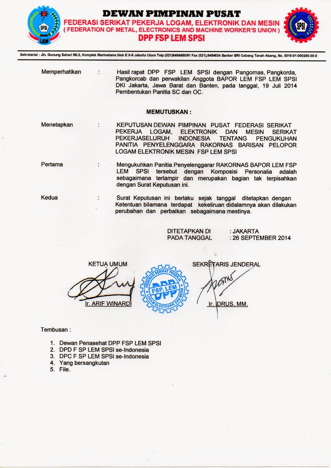 Sk Panitia Penyelenggara Rakornas 1