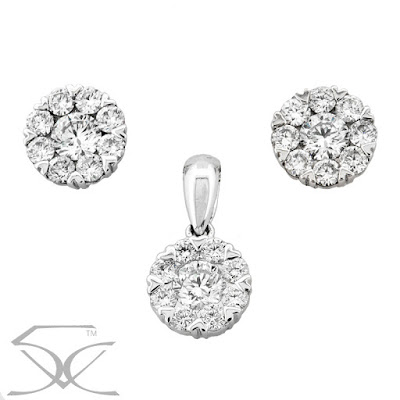Diamond stud cluster pendant & earring set