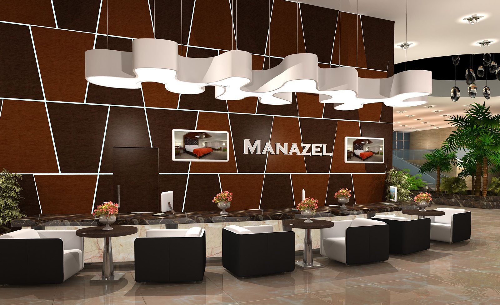 This lobby has great seating, fun color combination and something ...