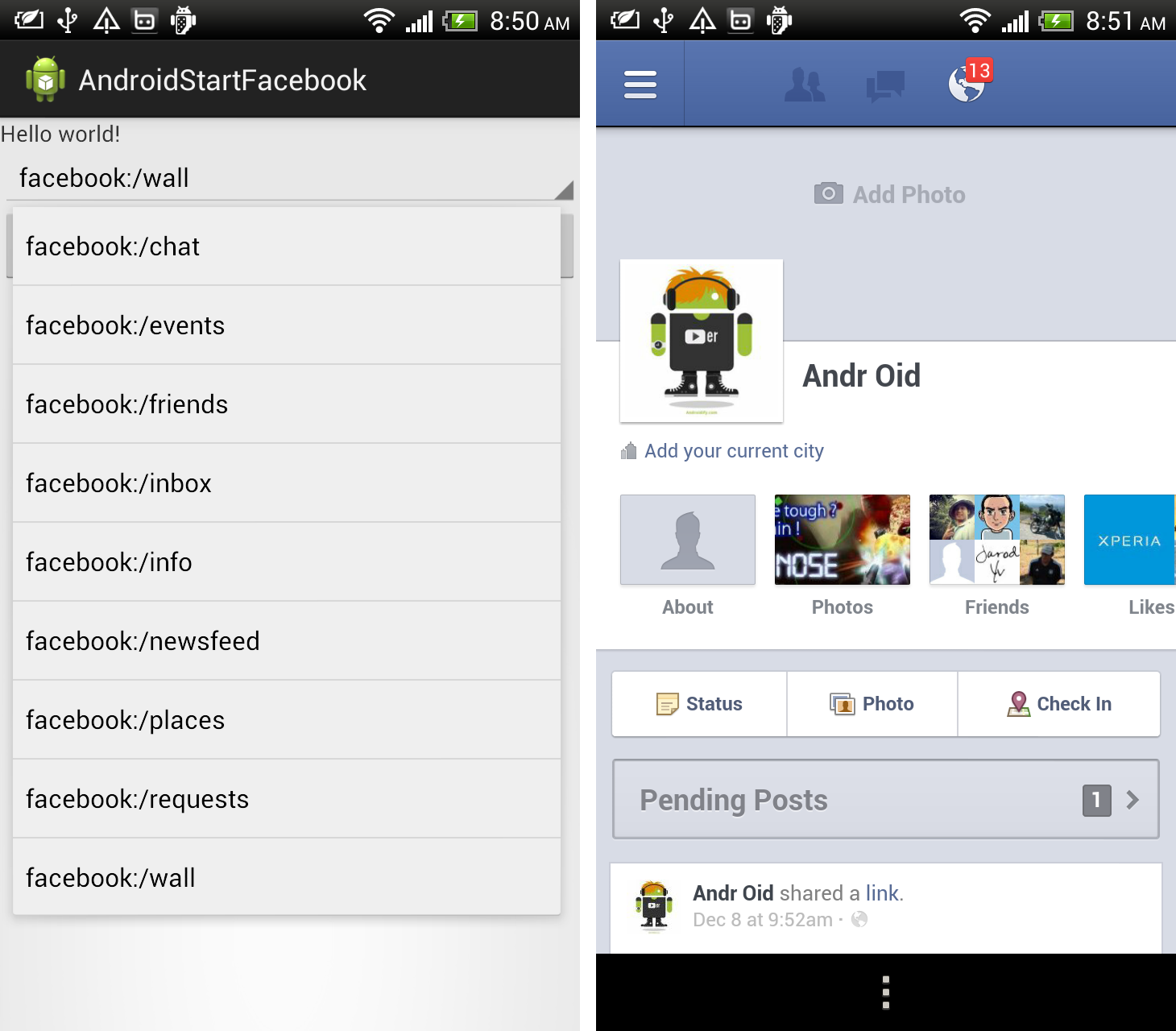 Androider Launch Facebook app from a specified page, using intent