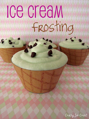cupcakes with mint chip ice cream frosting in brown paper waffle cone wraps on patterned paper with words on photo