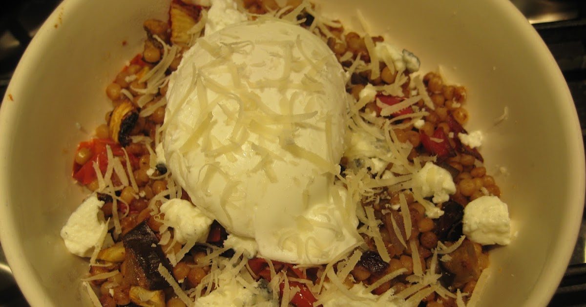 Lemon and Cheese Roasted Veg Israeli Couscous with a Poached Egg