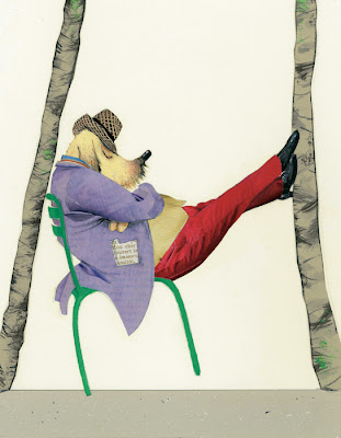 illustration of a dog sleeping  in the park on a chair by Robert Wagt