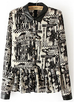 Black Lapel Long Sleeve Magazine Print Blouse Black Lapel Long Sleeve Magazine Print Blouse