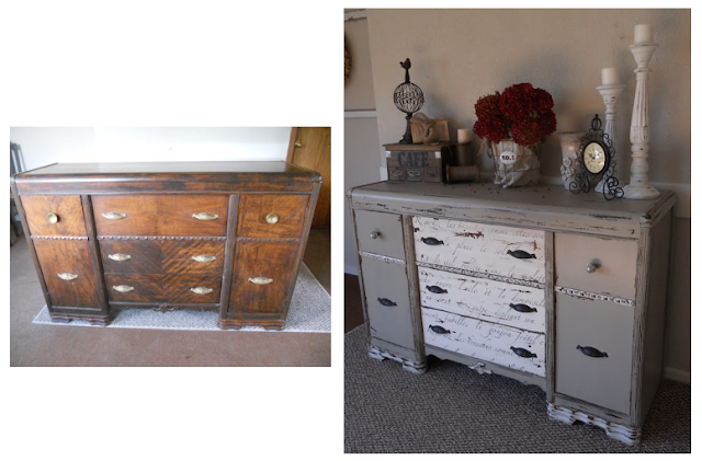 Stenciled drawers on a chippy french vintage buffet by Create Inspired featured on Funky Junk Interiors