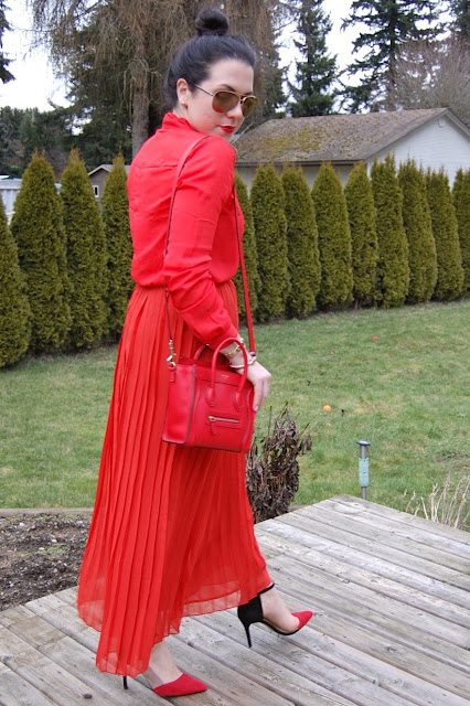 Red pleated maxi skirt, Forever 21 blouse with a Celine Nano and Zara colorblock heels