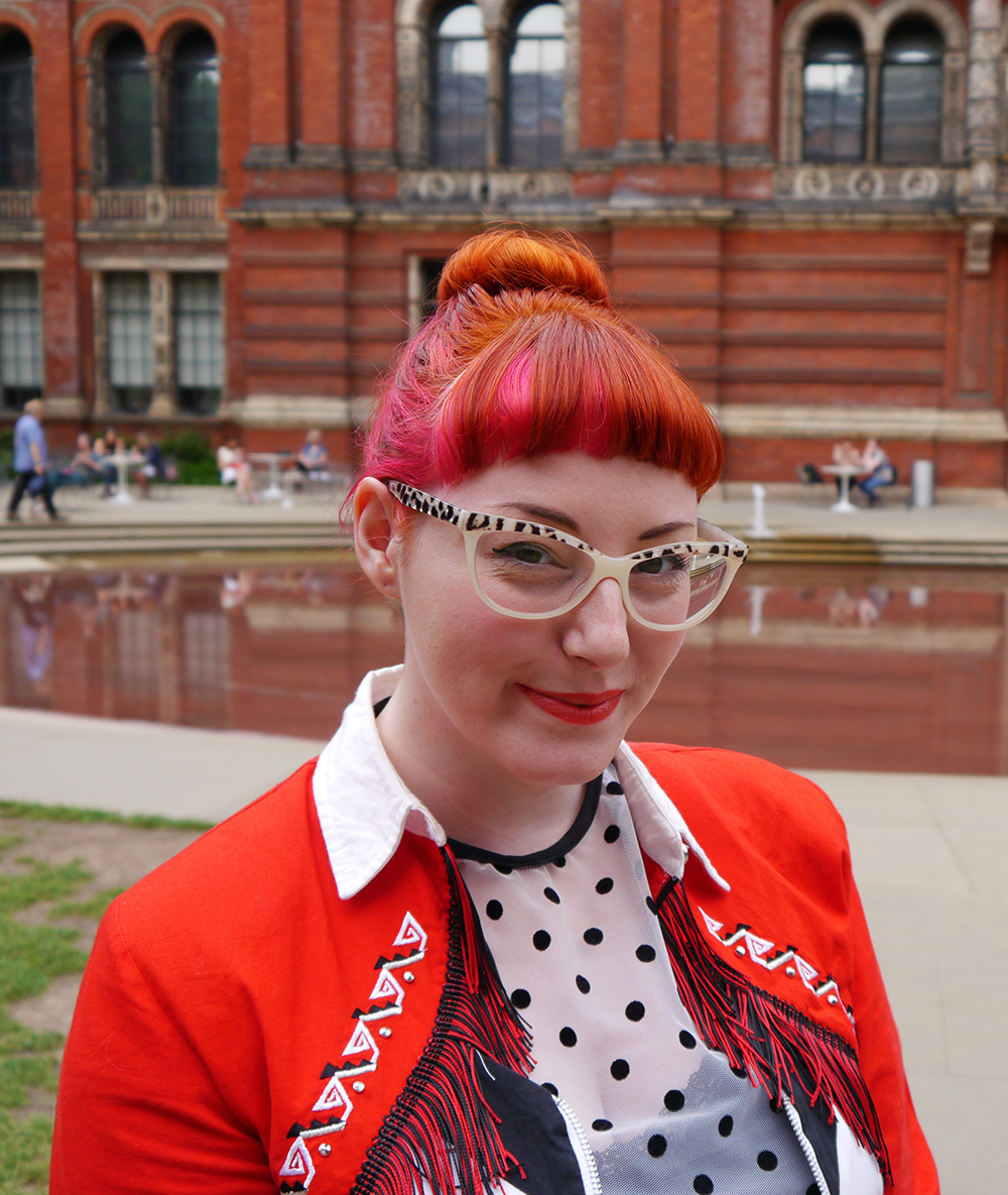 What Helen Wore, Scottish Blogger, red head, ginger, pink hair, leopard print glasses, vintage cowgirl jacket, Hayley Scanlan polka dot dress, flat red shoes from Dorothy Perkins, DIY googly eye bag, London, Victoria and Albert Museum, V&A, Alexander McQueen echibition, Savage Beauty