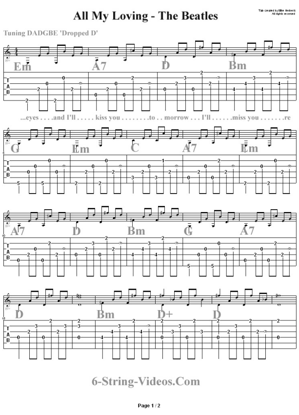 Guitar Tabs Guitar Tabs For All My Loving By The Beatles