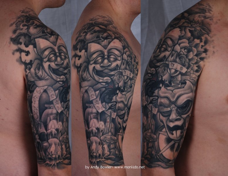 monki do tattoo studio comedy and tragedy masks half sleeve tattoo monki do tattoo studio comedy and tragedy masks half sleeve tattoo
