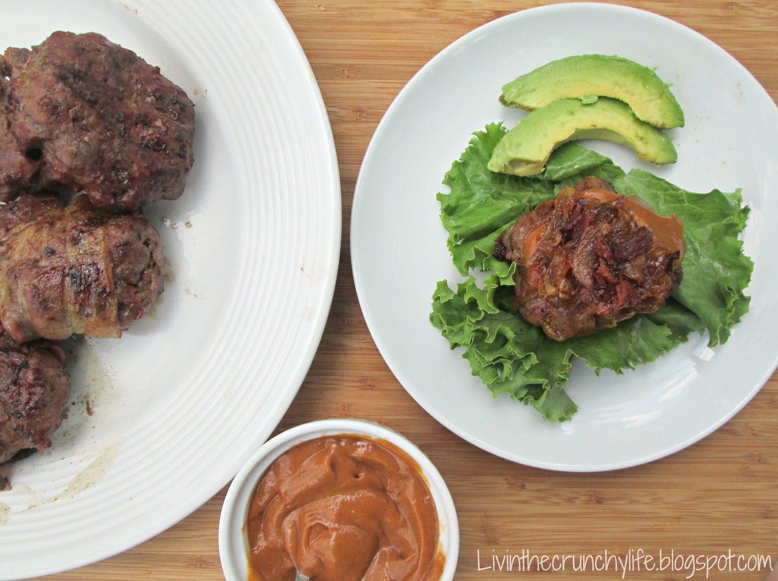 Double Bacon BBQ Burgers with BBQ Avocado Sauce and Caramelized Onions