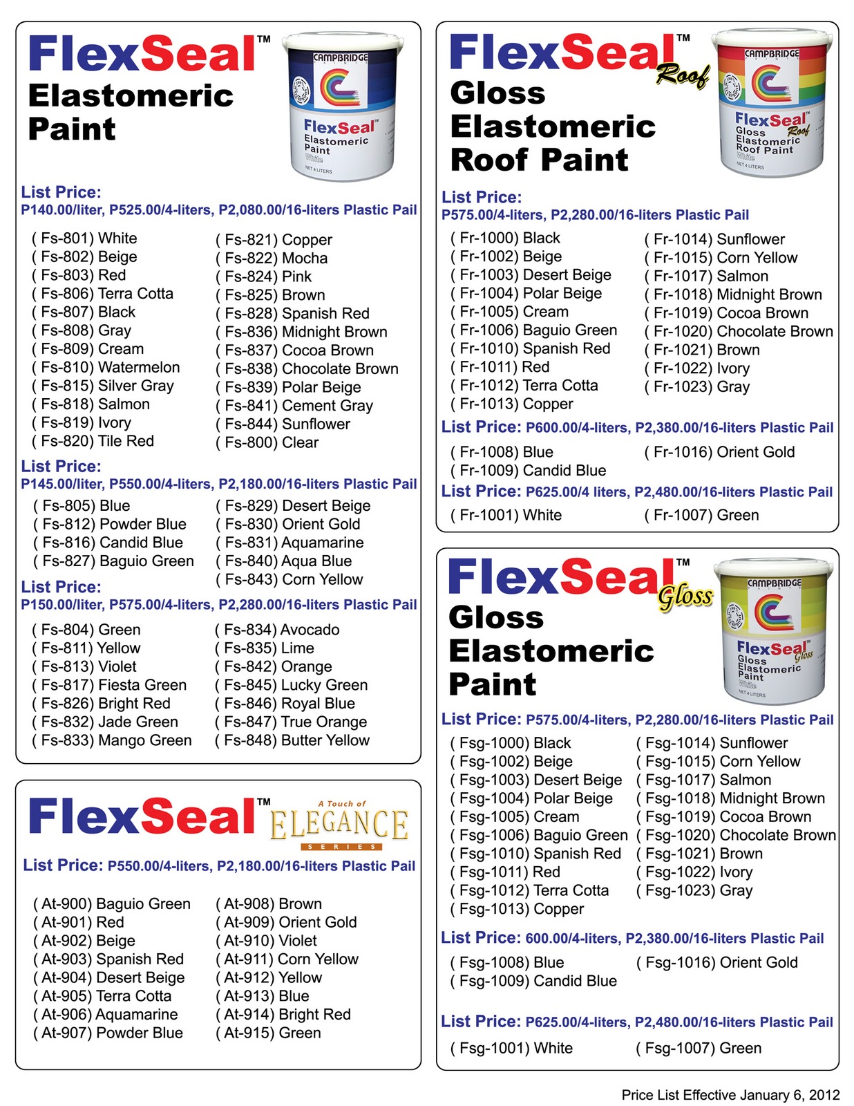 Flex Seal Elastomeric Paint Color Chart