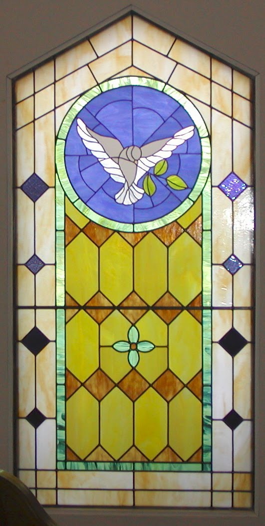 Heirloom Stained Glass of Mississippi Crown, Bible, Dove with Olive