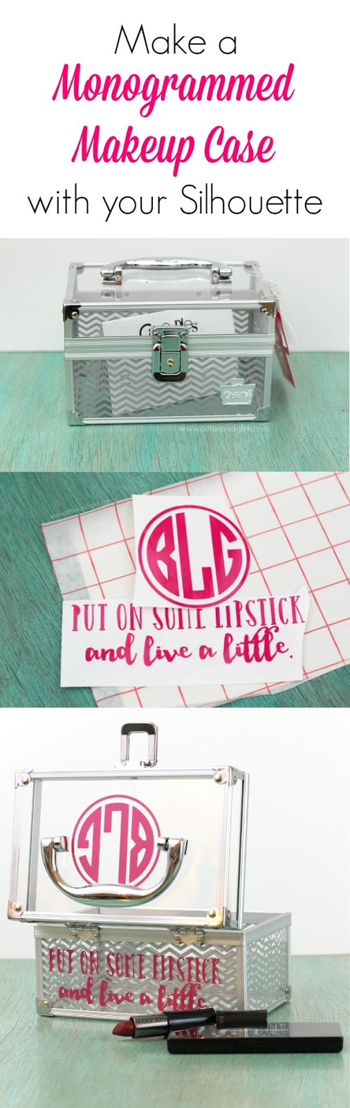 Personalize a plain makeup case with a vinyl monogram and quote.  A great Silhouette project!  www.pitterandglink.com
