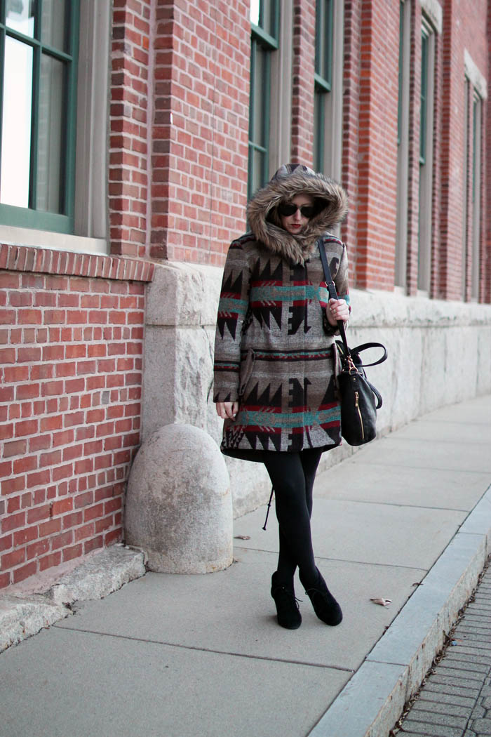 boston blogger, charlestown navy yard, boston style blog, bb dakota tribal jacket, faux fur hood