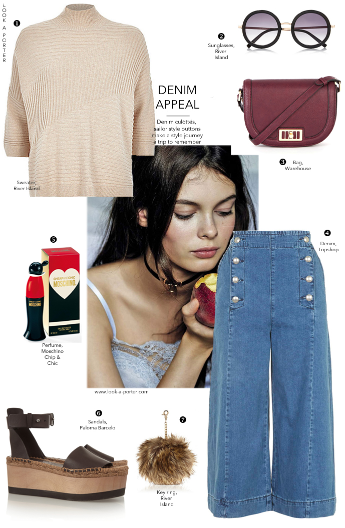 Marry a pair of denim sailor-style culottes with a ribbed roomy sweater, add a pair of fantastic flatforms, a Chloe-style sunnies and a great little bag - all under £250 / look for less / outfit inspiration / how to style / via look-a-porter.com