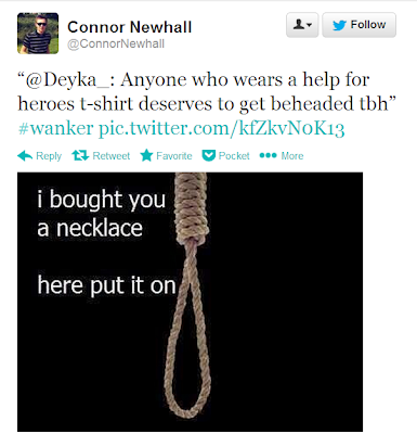 @ConnorNewhall tweets: <Deyka's quote> #wanker picture of a noose with the words "i bought you a necklace  here put it on"