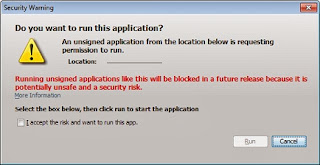 bad new Java Security Warnings Bad new Java Security Warnings - Do you want to run this application? Running unsigned applications like this will be blocked in a future release because it is potentially unsafe and a security risk. Select the box below, then click run to start the application. I accept the risk and want to run this app.