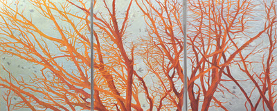 Katherine Kean, Separation Anxiety, original oil painting, red orange trees, birds
