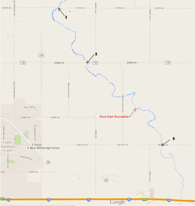 Sioux Falls Paddlers Kayak and Canoe Map for Skunk Creek Hartford to