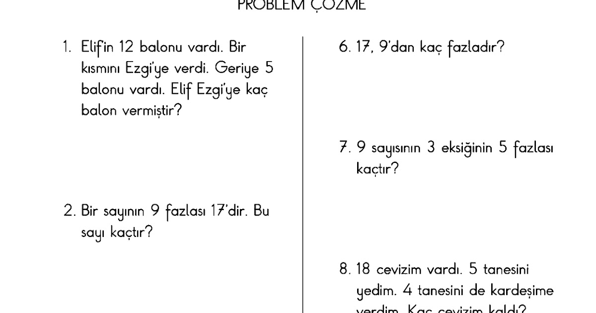 İlkokul 1. Sınıf Matematik Çıkarma İşlemi Problemleri Testi - DERS
