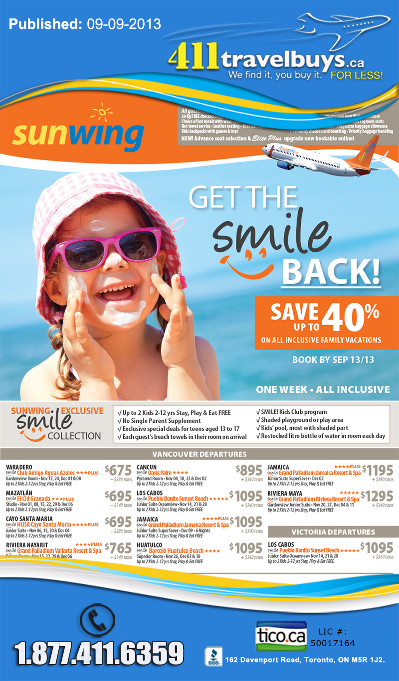 sunwing Smile resorts 411 travel buys Blowout Sale 411travelbuys.ca