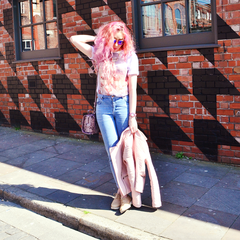 Stephi LaReine // OUTFIT OF THE DAY Sheer Flamingo T-shirt // Primark Pink Leather Jacket // Primark Blue High Waisted Mom Jeans // Topshop Purple Iridescent Sunglasses * // Carrera Mini Pink Snake Box Bag * // Marc B Beige Platform Brogues * // Style Edit Necklace * // Lyla Loves Pink Croc Strap Watch * // Pocket (20% off StephiLaReine20) Rings * // Gemporia Stephi LaReine // OUTFIT OF THE DAY Sheer Flamingo T-shirt // Primark Pink Leather Jacket // Primark Blue High Waisted Mom Jeans // Topshop Purple Iridescent Sunglasses * // Carrera Mini Pink Snake Box Bag * // Marc B Beige Platform Brogues * // Style Edit Necklace * // Lyla Loves Pink Croc Strap Watch * // Pocket (20% off StephiLaReine20) Rings * // Gemporia