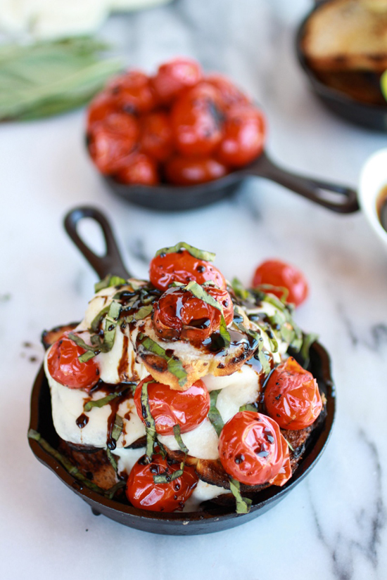 Blistered tomato grilled toast caprese nachos with balsamic glaze recipe by @hbharvest