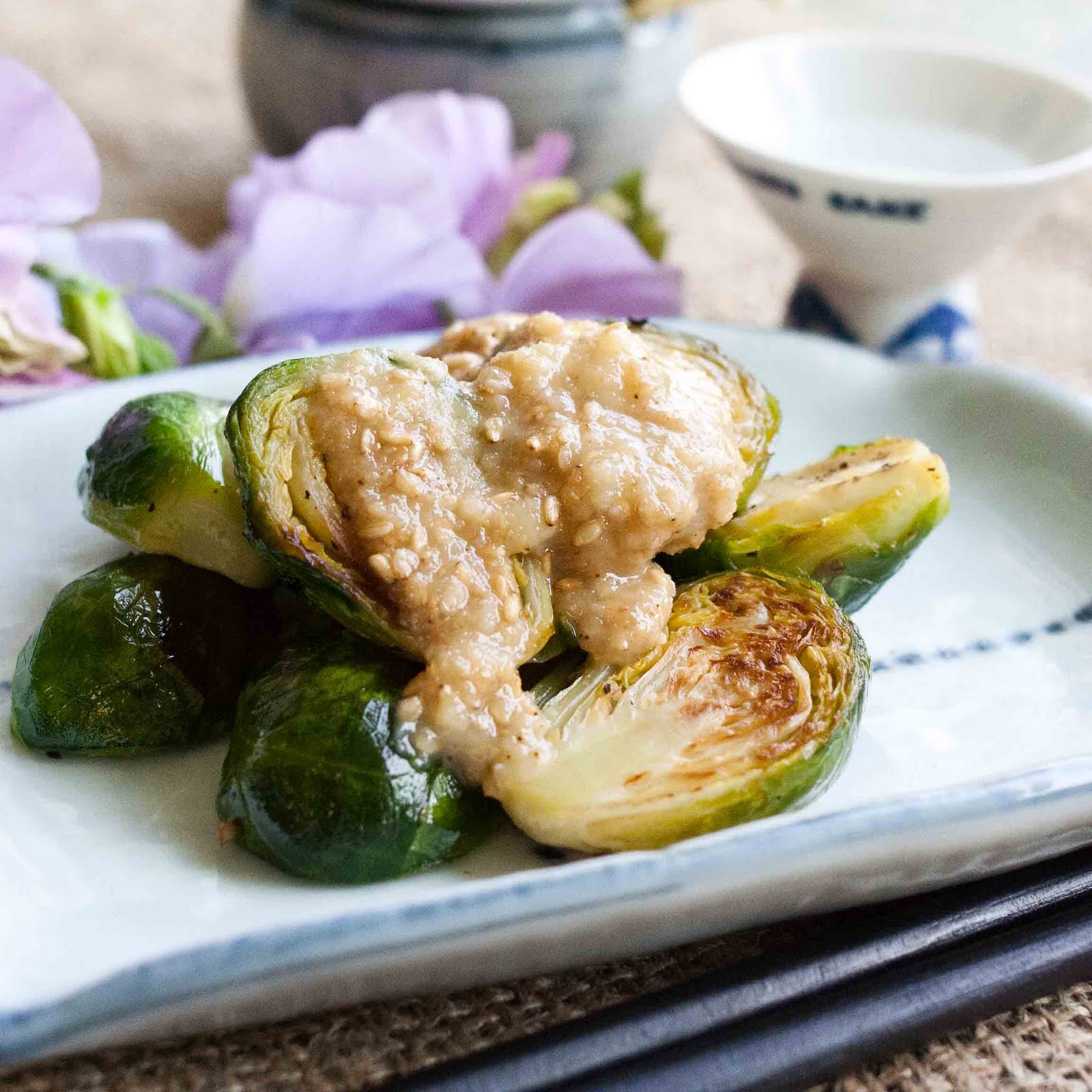FOODjimoto Roasted Brussel Sprouts with Sesame Miso Dressing