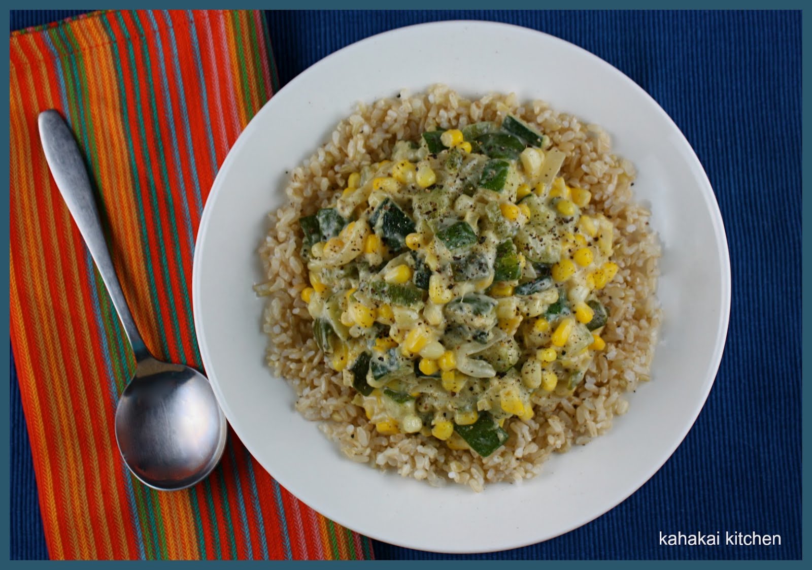 Kahakai Kitchen Zucchini with Roasted Peppers, Corn and (Cashew) Cream