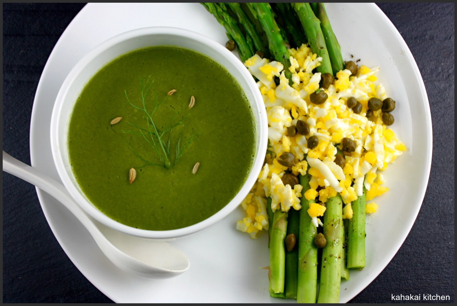 Kahakai Kitchen Pea, Lettuce & Fennel Soup with Asparagus Mimosa