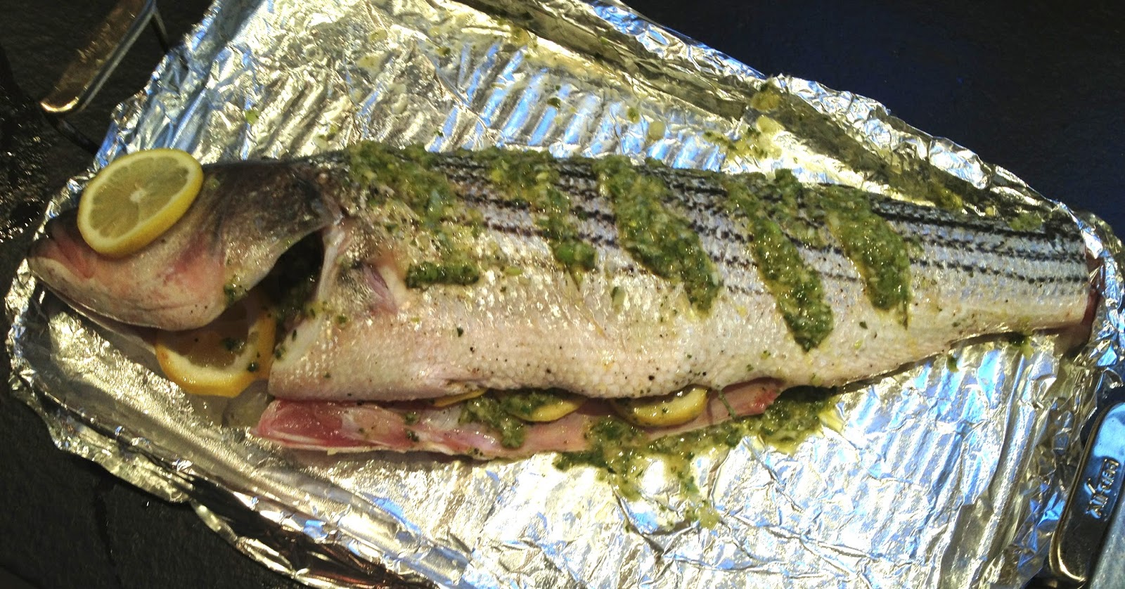 Whole Roasted Striped Bass with Lemon and Mint Chimichurri. An