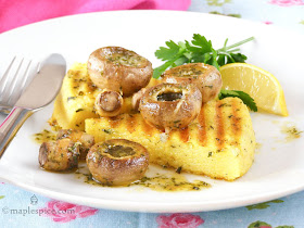 Pan Grilled Chive Polenta Wedges with Sizzling Garlic Mushrooms