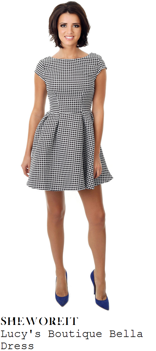 lucy-mecklenburgh-black-and-white-monochrome-graphic-spot-circle-gingham-cap-sleeve-skater-dress