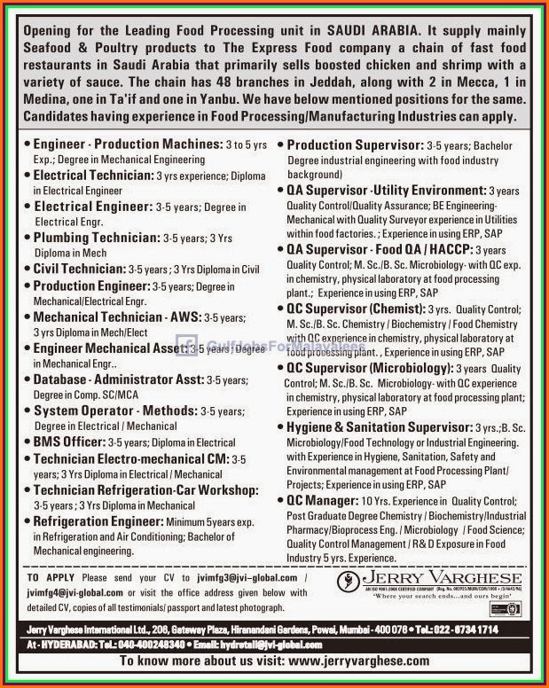Opening For the Leading Food Processing Company Saudi Arabia Gulf