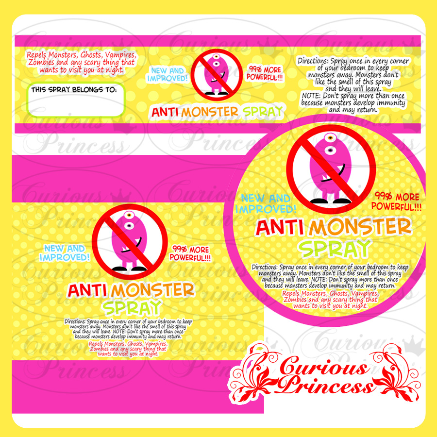 Curious Princess MONSTER SPRAY LABELS ready to print