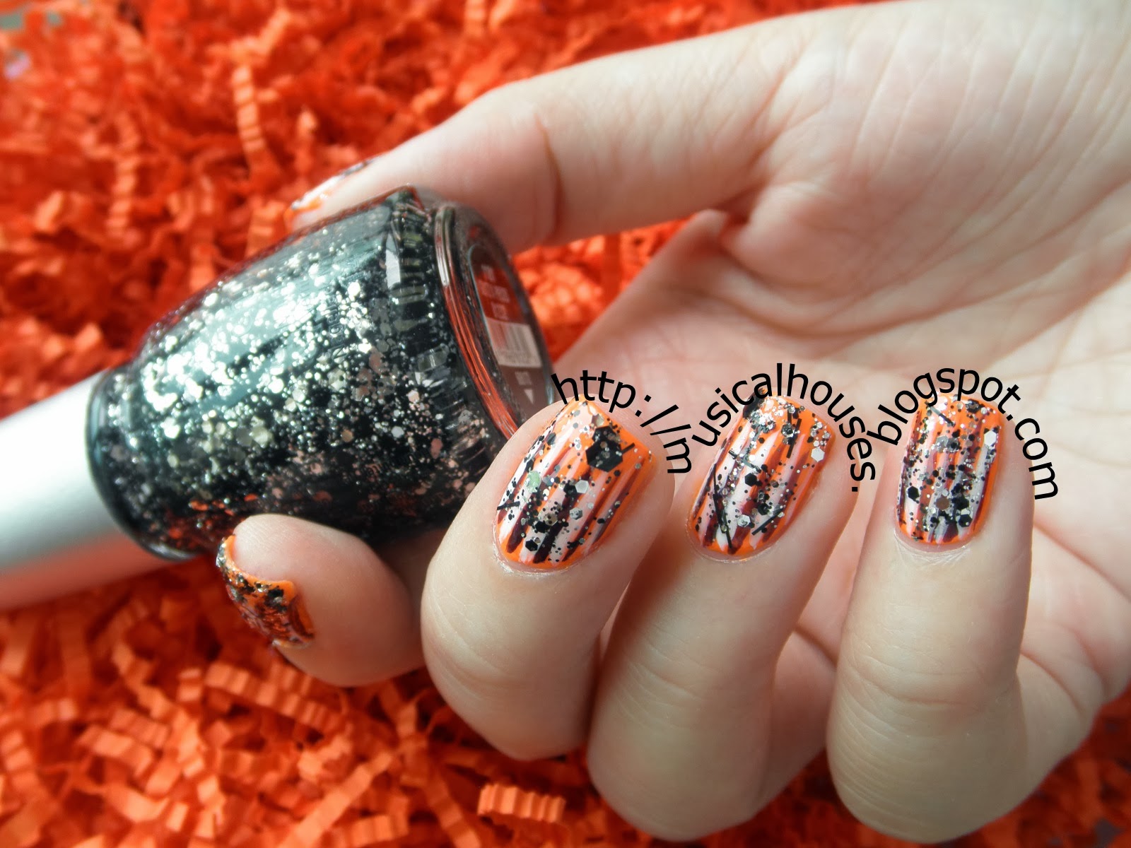Halloween Manicure: Neon Orange, Glitter, and Stripes (aka I recycled an  older nail look) - of Faces and Fingers