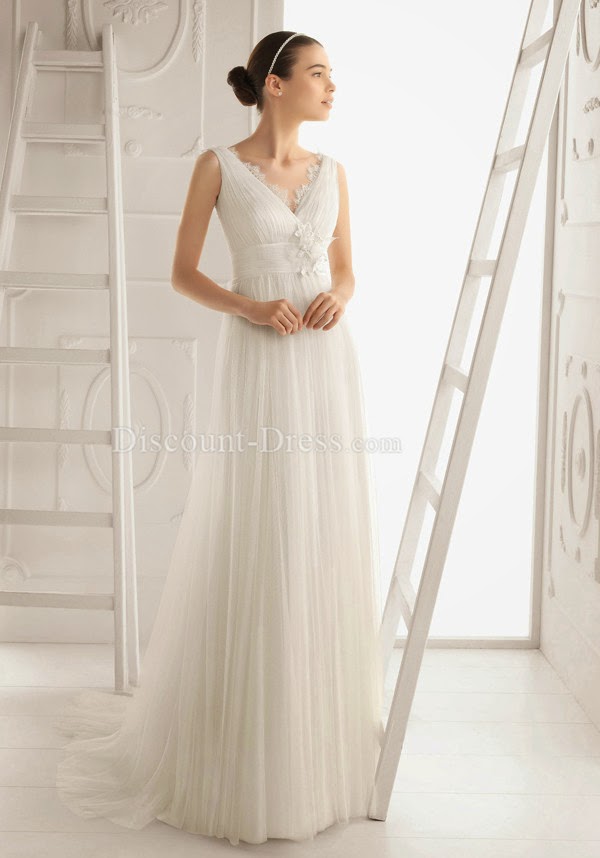 V Neck Tulle A line Floor Length Illusion Back Wedding Dress With Lace