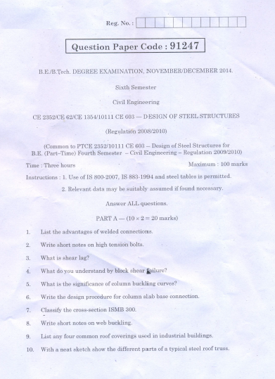 Ce6603 Design Of Steel Structures May June 2016 Question Paper
