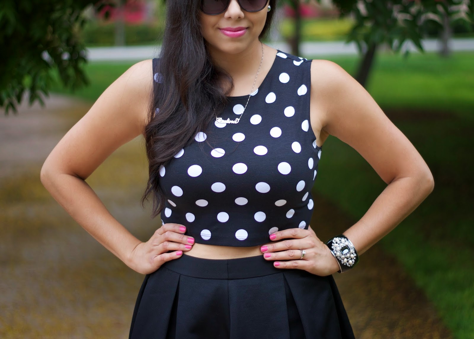 Pink Nails Pink Nails with all black outfit, Ann Taylor elegant cuff, polka dot crop top with accessories, black white dotted outfit details
