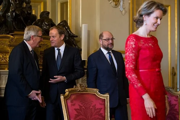 Belgian Foreign Minister Didier Reynders, European Commision President Jean-Claude Juncker, European Council President Donald Tusk, European Parliament President Martin Schulz, Queen Mathilde of Belgium and King Philippe of Belgium and Archbishop Alain Paul Lebeaupin 