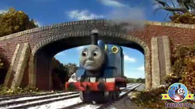Driving through the snow landscape Thomas the tank engine hurried to start his latest railroad jobs