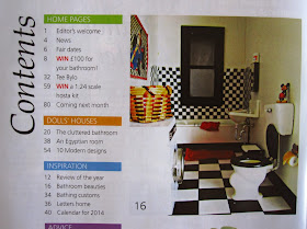 Contents page of the January 2014 issue of The Dolls' House Magazine showing a picture of my miniature Mickey bathroom