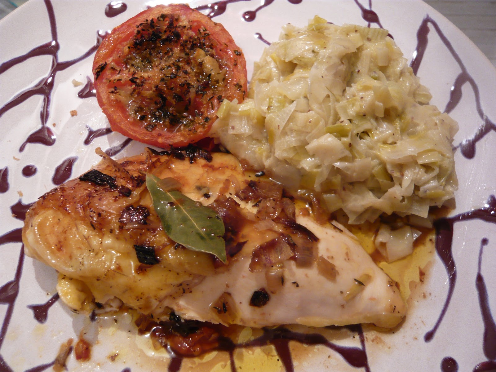 Oui j'en fais tout un plat Poulet rôti, fondue de poireaux et tomates provencales