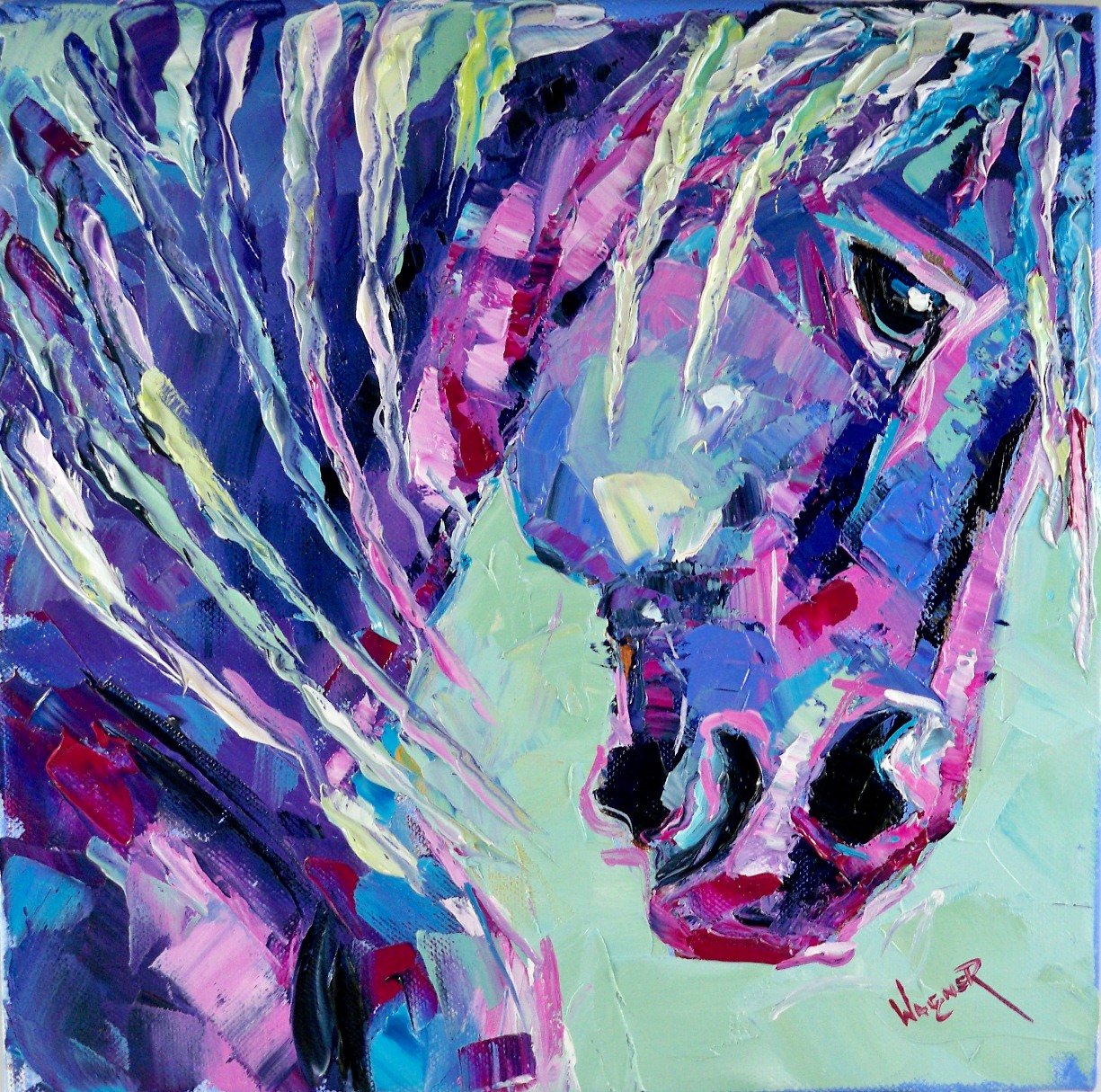 Olga Paints BLACK HORSE IN PALETTE KNIFE