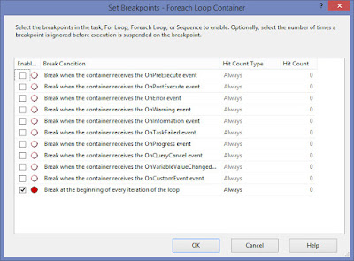 Screenshot of Set Breakpoints - Foreach Loop Container window open and "Break at the beginning of every iteration of the loop" selected