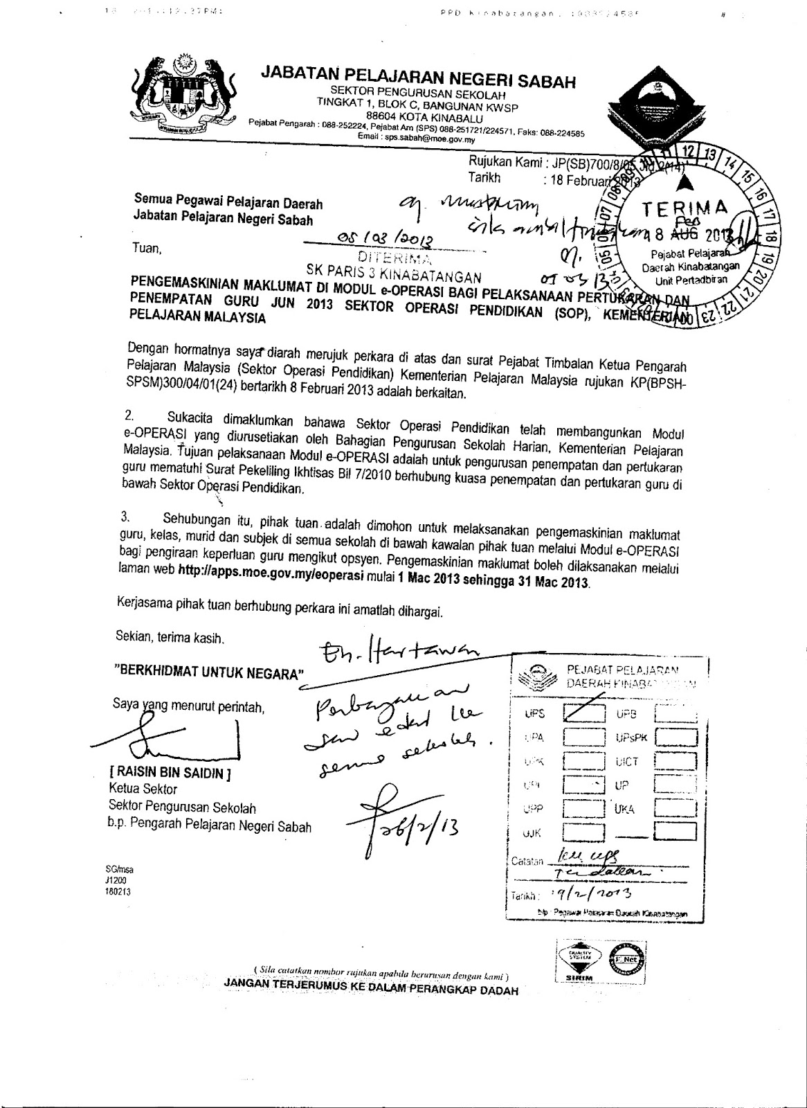 SURAT YANG DITERIMA SEHARI SEBELUM CUTI SEKOLAH SEBAB KESELAMATAN