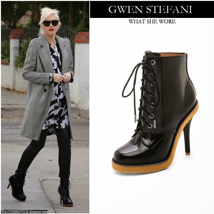WHAT SHE WORE: Gwen Stefani in black patent high heel ankle boots