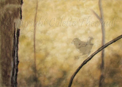 Progress of bird painting on the easel by Colette Theriault