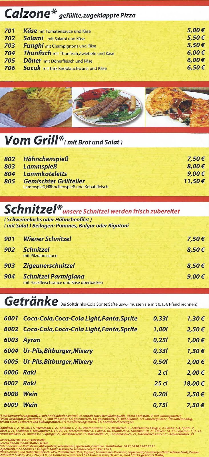 Calzone - Vom Grill - Schnitzel - Getränke